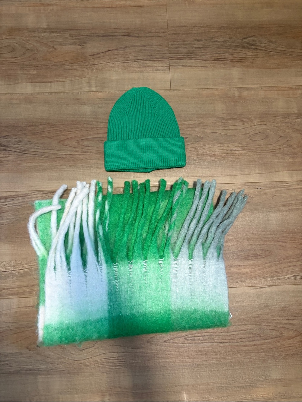 Green Knit Beanie and plaid blanket scarf